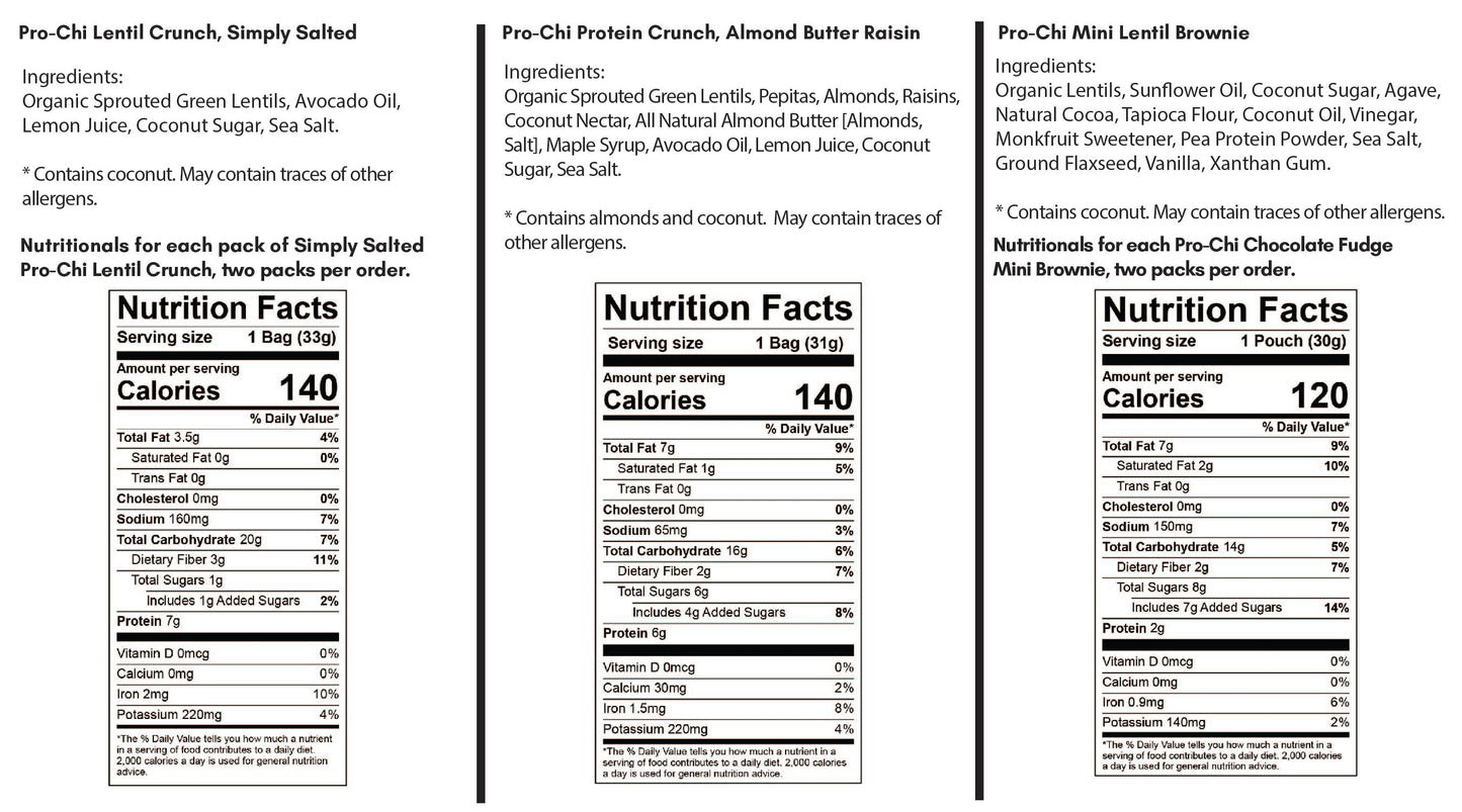 nutritionals for healthy lentil snack Pro-Chi Protein Crunch, Lentil Crunch, and Plant-Based Brownie